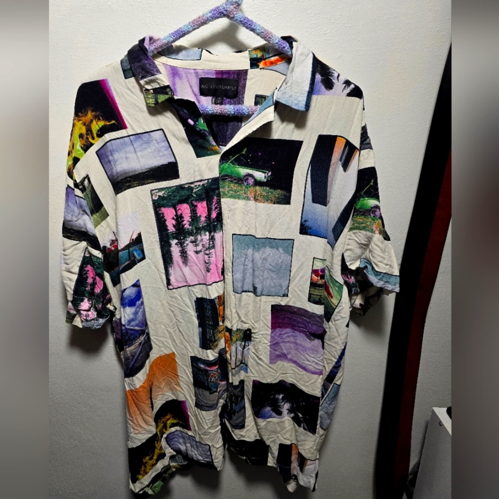 No boundaries picture print button up shirt